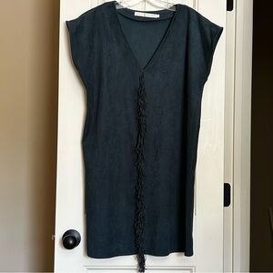 Marie Oliver Andi Navy Faux Suede Fringed Boxy Shift Mini Dress Medium